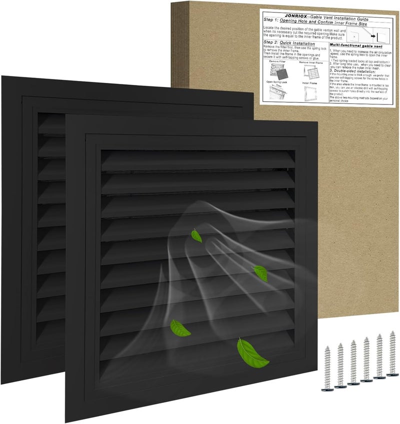 JONRIOX 20"*20" Gable Vent,Aluminum Alloy Wall Vent Shed Vents,with Removable Strainer and 180 Degree Opening Angle.Ideal for Attic,Shed,Garage,Play House,Coop.[Inside Dimensions:17.7"w X 17.7"h]-Black 2 Pack - Image 1